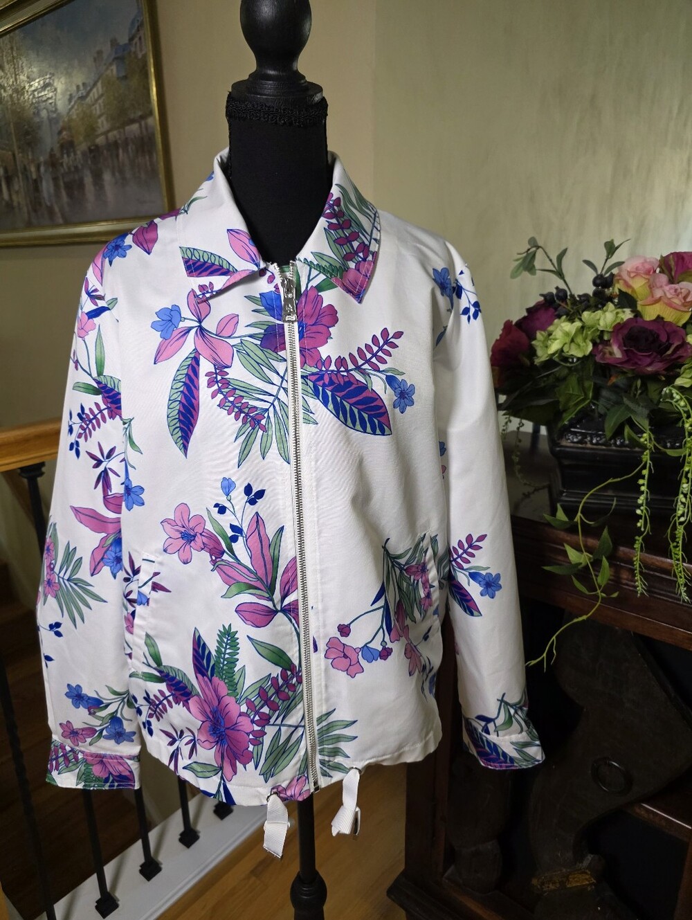 Dennis by Dennis Basso Floral Zip Front Jacket White Pink Blue Womens Medium